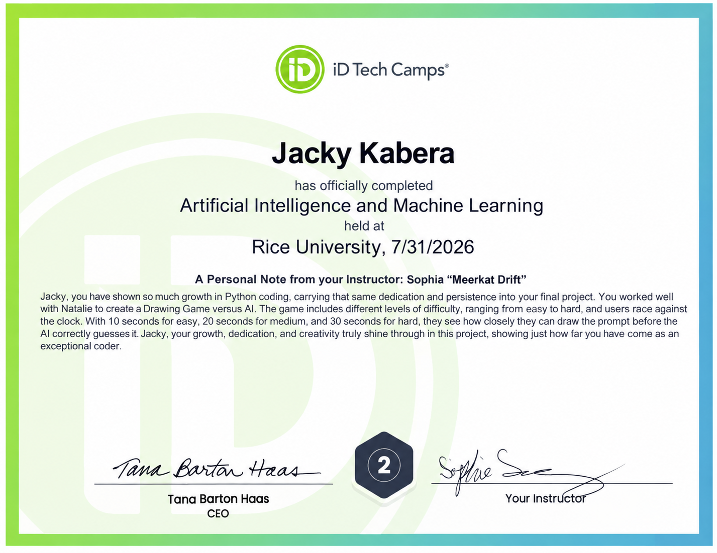 iD Tech Camps Artificial Intelligence and Machine Learning completion certificate