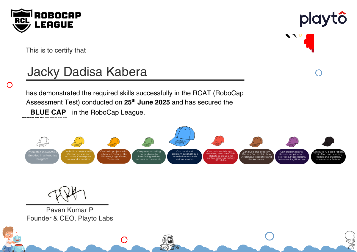 Playto Labs Blue Cap certificate awarded to Jacky Dadisa Kabera