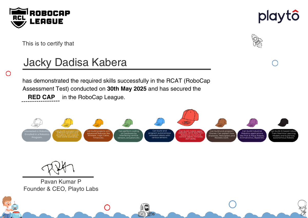 Playto Labs Red Cap certificate awarded to Jacky Dadisa Kabera