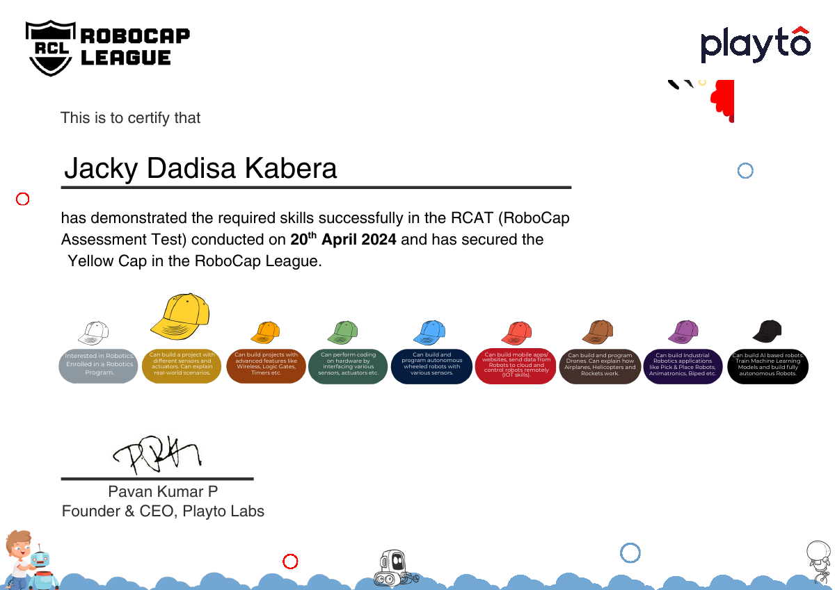 Playto Labs Yellow Cap certificate awarded to Jacky Dadisa Kabera